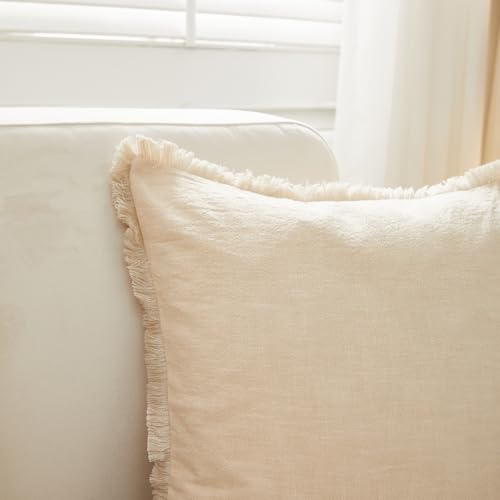 Sunday Praise Set of 2 Linen Fringe Decorative Pillow Covers 20x20 Inch Farmhouse Accent Boho Throw Pillow Cases with Tassels Cozy Soft Square Cushion Covers for Couch Sofa Bed Home Decor,Beige - color: Beige, size: 20" x 20" (Pack of 2)