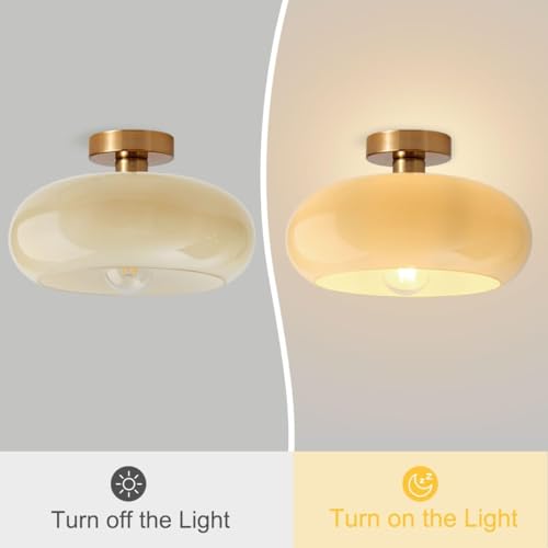 Gold Brass Flush Mount Ceiling Light Fixtures Mid Century Modern Ceiling Lights Brushed Milk Yellow Shade Glass Semi Flush Mount Light for Farmhouse Hallway Kitchen Sink Ceiling Lamp - color: Flush Milk yellow 2
