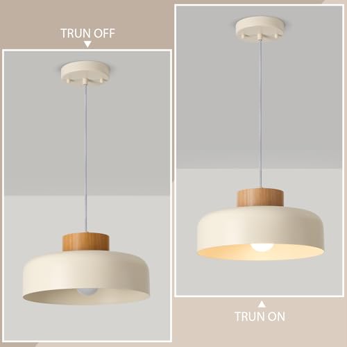 Modern Pendant Lights,12.6 inch,Natural Wood Cap,Simple Hanging Light Fixture for Kitchen Island,Dining Room - color: Cream, size: 12.6 inches