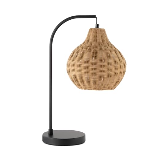 HarvestLand Sunwoven 20” Boho Table Lamp – Woven nightstand lamp, Rattan Lamp with Curved Black Metal Frame for Bedside Lamp, Wicker lamp for Bedroom, Living Room, or Entryway, End Table lamp - style: Sunwoven 20” Rattan
