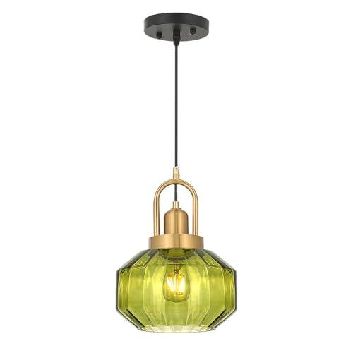 9in Mid Century Modern Pendant Light, Gold and Small Green Glass | Vintage Lighting Fixture Ceiling Hanging Lamp for Kitchen Island Foyer Dining Room Bedroom Entryway Hallway Over Sink Table - color: Green & Gold Hardwire, size: 9in