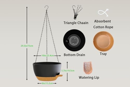 Hanging Planters, 3-Pack 10 Inch Self-Watering Pots with Drainage Holes and Chains, Matte Plastic Planters for Indoor/Outdoor Plant（Black Brown） - color: Black Brown, size: 10 inches