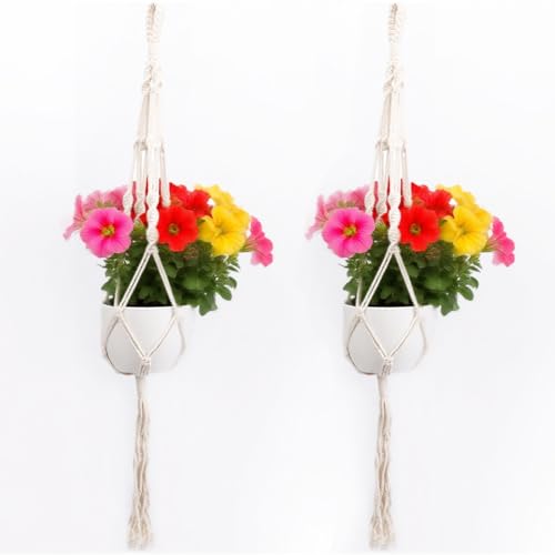 Macrame Plant Hanger, Indoor Outdoor Hanging Planter Boho Home Decor, Stylish Handmade Decorative Flower Pot Holder for Living Room, Garden Use, 45 Inch, Set of 2 (Pots Not Included)