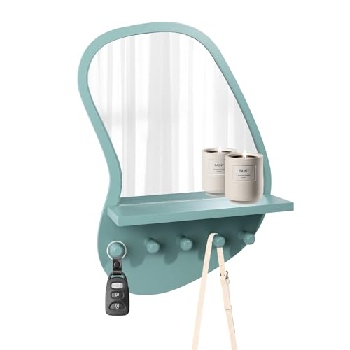 SANY DAYO HOME Wall Mount Wood Frame Irregular Mirror with 5 Wooden Hooks and Shelf, Modern Decorative Hanging Mirror for Entryway, Bedroom, Living Room (16″ x 12″, Turquoise) - color: Turquoise