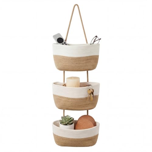 Hanging Wall Basket, Over the Door Hanging Basket with Hooks, 3-Tier Cotton Hanging Basket for Organizing, Decorative Boho Chic Decor for Wall, Bedroom, Living Room, Nursery, Whte & Jute - color: White&Jute