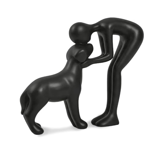 Abstract Resin Hand-Painted Sculpture of Person and Dog Bonding – Head-to-Head Intimate Figurine Decoration for Office、Living Room、Bedroom、Home， Memory Gifts for Pet Lovers (Black) - color: Black