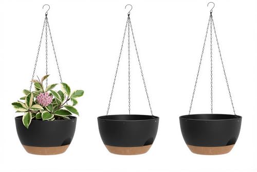 Hanging Planters 3-Pack, 8 Inch Self-Watering Hanging Pots with Drainage Hole and Chains, Plastic Planters for Indoor Outdoor（Black Brown） - color: Black Brown, size: 8 inches