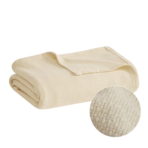 Madison Park Freshspun Basketweave Luxury Cotton Blanket Natural 90x90" Full/Queen Size Basketweave Premium Soft Cozy 100% Cotton For Bed, Couch or Sofa - color: Natural, size: Full/Queen