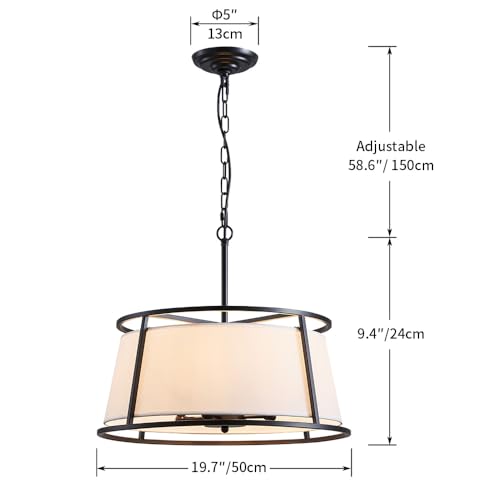 Shrine Lighting Drum Chandeliers, Modern Style, Perfect Pendant Light Fixture for Dining Room, Living Room, D20'' x H9'', Adjustable Chains 59'', E12*4 Sockets, White Lampshade & Black Finish Frame - color: Black D19.7''