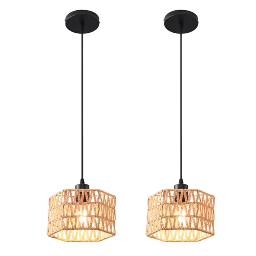 Woven Pendant Light Boho Chandelier, Rattan Pendant Lights Kitchen Island, Farmhouse Pendant Lighting with Hand Woven Wicker Shade, Boho Chandelier Light Fixtures Ceiling Hanging Light - color: Hexagon 2 Packs