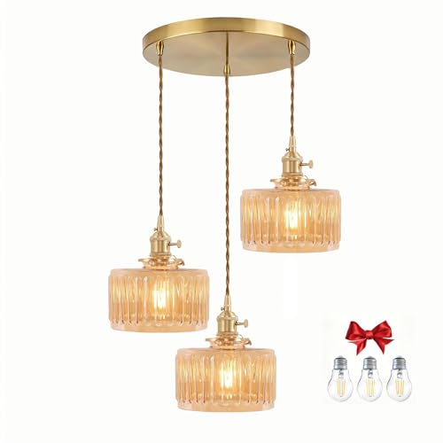 Amber Striped Glass Pendant Light, 3 Natural Light Bulbs Included, Adjustable Cord with Switch, Suitable for Kitchen Island/Dining Room - color: Amber 3pcs Ribbed Glass Pendant Light