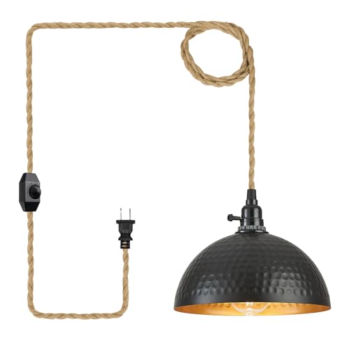 Plug in Pendant Lights Hammered Dome Hanging Lamp with Dimmable Switch 15 Ft Long Hemp Rope Farmhouse Pndant Light Cord Lighting Fixture DIY Hanging Light - color: C 1 Light