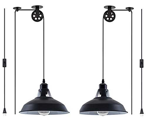 Plug in Pendant Light Industrial Pulley Pendant Lamp E26 Vintage Hanging Light Fixture With 16.4ft Cord On/Off Switch For Pool Table,Houseplant Grow lights,Kitchen Island,Sink 2 Pack Black - color: Black
