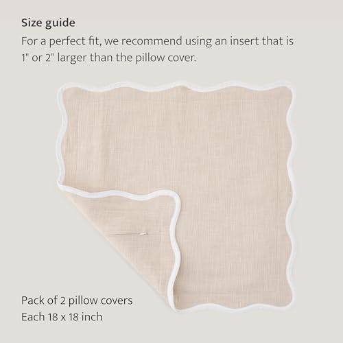 Double Stitch Scalloped Throw Pillow Covers - 100% Cotton Set of 2 Decorative Boho Pillow Covers 18 x 18, Made in India, Square Cushion Case, Modern Home Decor for Couch Sofa Living Room, Oat Milk - color: Oat Milk, size: 18" x 18" (Pack of 2)