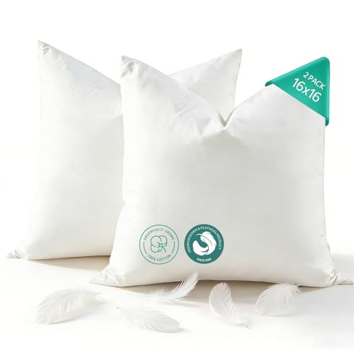 APSMILE Organic Cotton Goose Feather Down Plus Throw Pillow Inserts, 16x16 Inch Set of 2, Soft Supportive Square Decorative Pillow Forms for Couch, Sofa, Bed - size: 16X16