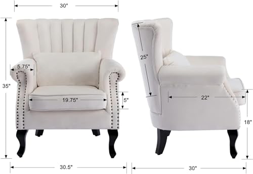 Kmax Cream Accent Chair Velvet Wingback Chair with Pillow Nail-Head Channel Tufted Oversized Club Chair for Living Room Bedroom Guest Room - color: Cream