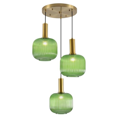BOKT Green 3-Light Cluster Pendant Lights Mid Century Modern Ceiling Hanging Lighting 7.9" Farmhouse Gold Pendant Lights Kitchen Island with Ribbed Hand Blown Glass for Living Room Dining Room - color: Green 3-Light