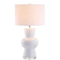 JONATHAN Y 28.5" White Ceramic Table Lamp for Living Room Bedroom Nightstand, Modern Hourglass LED Bedside Lamp with Crystal Base and Linen Shade JYL4027A - color: White