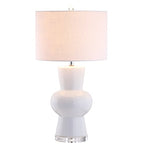 JONATHAN Y 28.5" White Ceramic Table Lamp for Living Room Bedroom Nightstand, Modern Hourglass LED Bedside Lamp with Crystal Base and Linen Shade JYL4027A - color: White