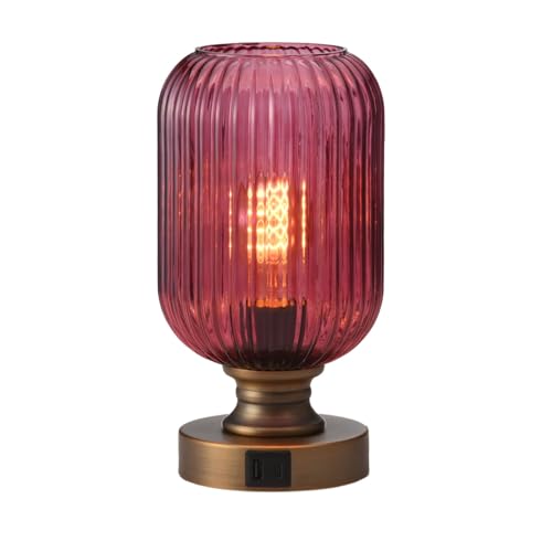 Mid Century Glass Table Lamp,Dimmable Desk Lamp,LED Bulb Included,Touch Control & USB A+C Port,Purple Ribbed Glass - color: Purple Ribbed, size: USB + Touch