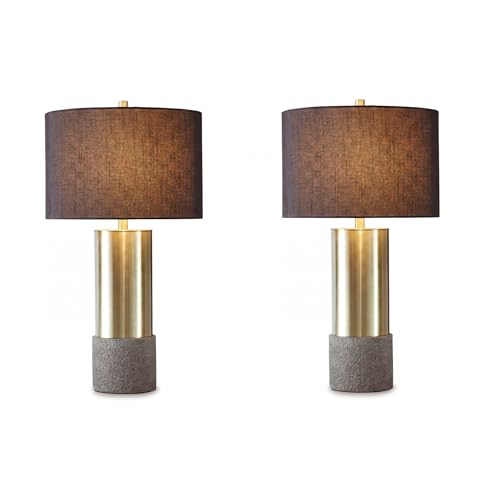 Signature Design by Ashley Jacek Contemporary Table Lamp, 2 Count, 3 Way Switch, Metal, Poly Resin and Drum Shade, 15" W x 15" D x 27.25" H, Gray & Brass Finish - color: Gold