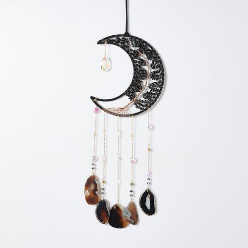 Agate Gemstone Big Dream Catcher 7 Chakra Tree of Life Dream Catcher with Crystal Stones Handmade Dreamcatcher Wall Decor for Adults Boys Girls,Bedroom,Garden,Bless Gift(Large Black Moon) - color: Large Black Moon Agate
