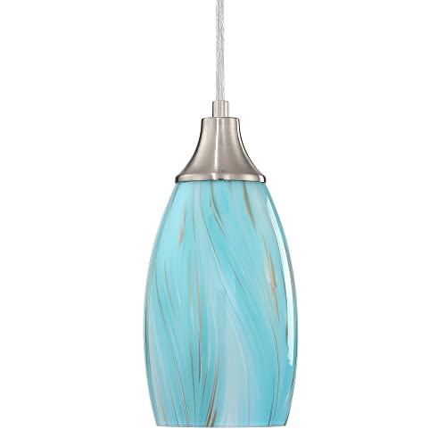 karyfine Mini Pendant Light,Handcrafted Art Glass Pendant Lighting Shade with Brushed Nickel Finished Teal Glass Ceiling Hanging lamp Adjustable Cord for Kitchen Island,Hallway,Dining Room - color: Teal with Gold-1Pack