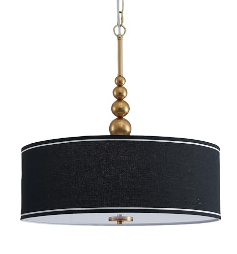 Shrine Lighting Drum Chandeliers, Farmhouse Style, Perfect Drum Pendant Light for Dining Room, D20'' x H7'', Adjustable Chains 59'', E26*3 Sockets, Black Linen Fabric Lampshade & Gold Rod - color: Black&Gold D20''