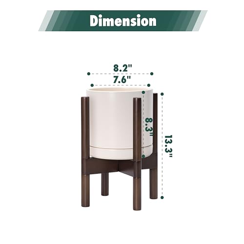 D'vine Dev Ceramic Planter with Walnut Color Stand - 8 Inch Modern Round Flower Pot with Wood Planter Holder, Oatmeal, 55-B-Y-8 - color: Oatmeal Pot + Walnut Color Stand, size: 8 Inch