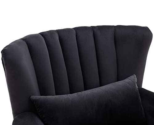 Kmax Black Accent Chair Velvet Wingback Chair with Pillow Nail-Head Channel Tufted Oversized Club Chair for Living Room Bedroom Guest Room - color: Black