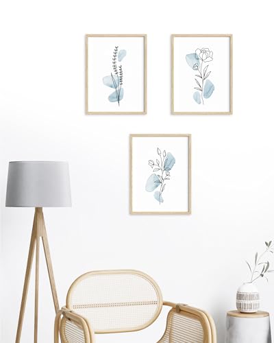 HesenDot Boho Art wall Décor,Botanical Print Set of 3, Blue Gallery Wall art,Abstract Line Watercolor Floral Home Decor,living room,bedroom - color: Unframed Flower Blue Art-20, size: 16"L x 12"W