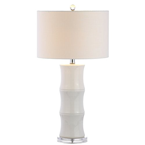JONATHAN Y 26.5" White Ceramic Table Lamp for Living Room, Bedroom Nightstand, White Linen Drum Shade, Bamboo Design Modern Bedside Desk Lamp with LED Bulb Included (JYL3015C) - color: White