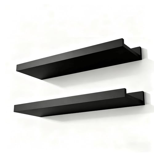 Black Floating Shelves for Wall Decor, Wall Mounted Wood Storage Shelf for Bedroom, Living Room, Bathroom, Kitchen, Nursery, Display Picture Ledge Shelf with Lip Set of 2-14 Inches, Black - color: Black, size: 13.6in