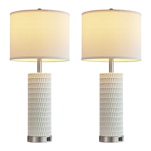 Reaketon 26.5" Ceramic Table Lamp Set of 2, 3 Way Dimmable Touch Control Table Lamp with 2 USB Charging Ports for Bedroom Living Room, Modern Nightstand Lamp End Table Lamps, Bulbs Included - color: White Shade & Silver Base