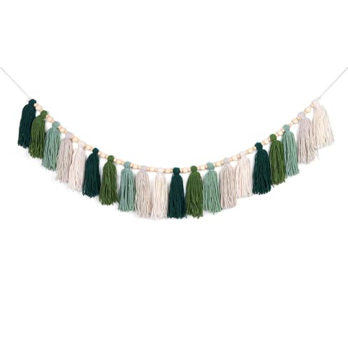 GIAUMA Green Tassel Garland with Wood Bead Jungle Leaves Woodland Forest Boho Wall Hanging Tassels Bunting Banner for Classroom Nursery Dorm Kids Bedroom Room Baby Shower Birthday Party Office Decor - color: Green