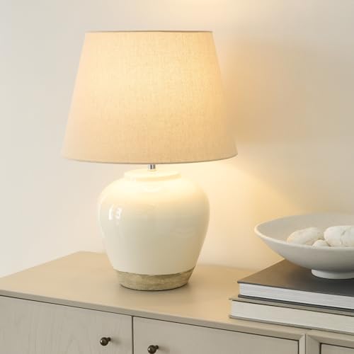 Nourison Home 20" Two-Tone White and Tan Glossy Ceramic Table Lamp, Bedside Nightstand Lamp with Warm Beige Shade for Bedroom, Living Room, Entryway - color: White/Tan