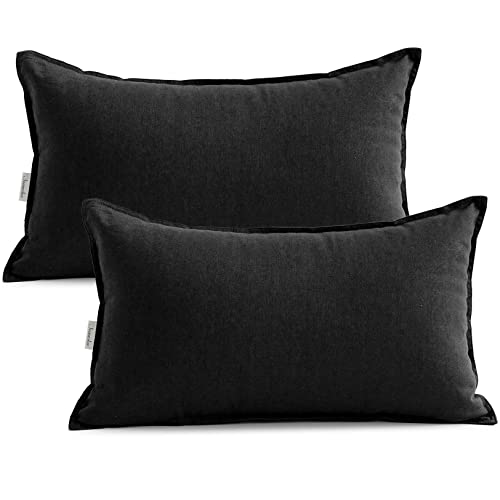 Jeanerlor Natural Cotton Linen Green Decorative 12"x20" Throw Pillow Case Cushion Cover with Twin Needles Stitch on Edge for Lumbar, (30 x 50cm), 2 Pcs, Black - color: Black, size: 20" x 12" (Pack of 2)