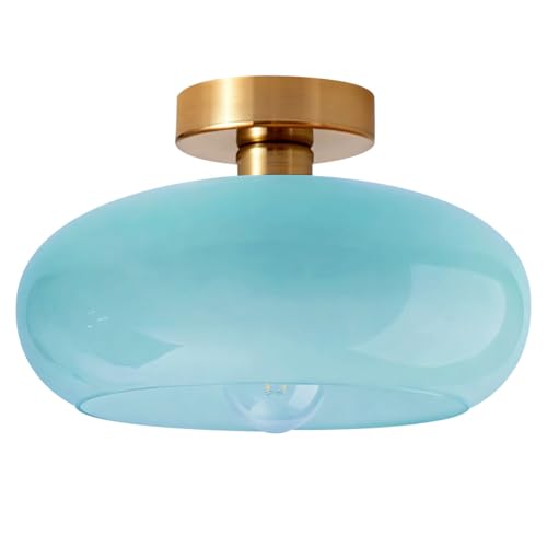 Blue Close to Ceiling Light Fixture Vintage Flush Mount Ceiling Lights 11" Round Thickened Glass Shade Gold Mid Century Semi Flush Mount Light Hallway Entrance Lighting Fixtures - color: Flush-Blue