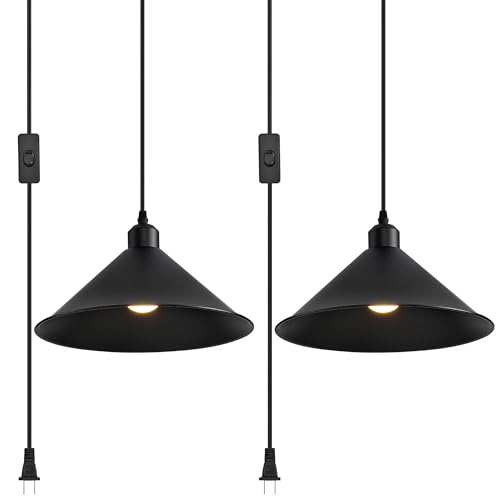 11.8IN Plug in Pendant Light, 2 Pack Industrial Hanging Lamp Black Vintage Pendant Lighting Fixtures with 15ft Cord On/Off Switch for Kitchen Island Dinning Hall, Bedroom - color: Black Plug in Pendant Light 11.8IN