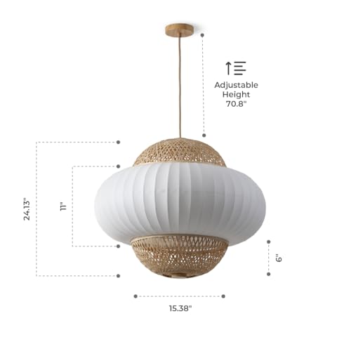 Hikari - Large Japanese Boho-Chic Bamboo 4 Light Pendant Light with Elegant Silk Fabric + Woven Bamboo Shade - Adjustable Hanging Cord for Living Room, Dining, & Kitchen Island, UL Listed - color: Hikari - 4 Light