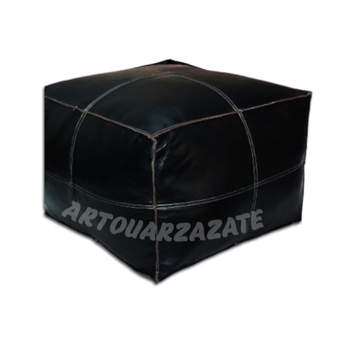 ARTOUARZAZATE Square Leather Pouf - Moroccan Pouf - Genuine Goatskin Leather - Bohemian Living Room Decor - Hassock & Ottoman Footstool - Unstuffed (Black, 18" D x 18" W x 14" H) - color: Black