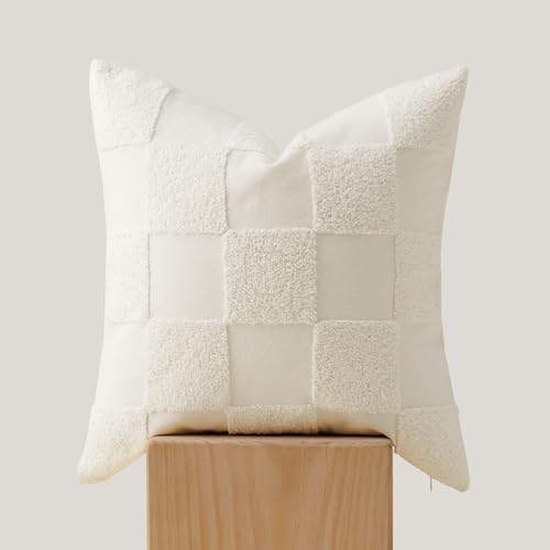 Double Stitch 100% Cotton Throw Pillow Covers - Checkered Tufted Boho Decorative Pillow Covers 18x18, Made in India, Square Cushion Case, Modern Home Decor for Couch, Sofa, Living Room, Cream - color: Cream, size: 18" x 18" (Pack of 1)