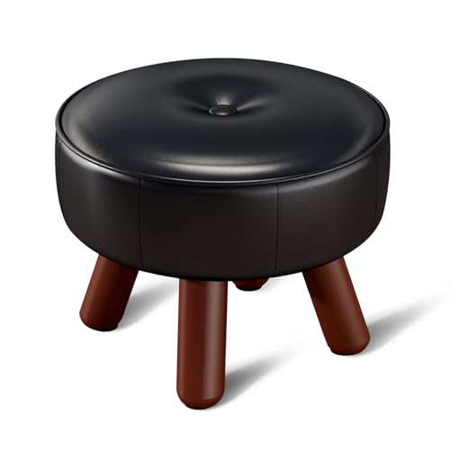 oakvivo 13in Small Foot Stool Ottoman, Round Faux Leather Foot Rest, Footstool Ottomans with Rubber Legs Under Desk, Footrest for Couch, Living Room, Bedroom, Office, 13''L x 13''W x 10.2''H, Black - color: Black