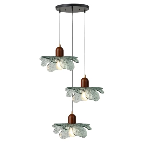 3 Light Dark Green Glass Pendant Light Mid Century Modern Chandelier Adjustable Hanging Ceiling Light Fixture E26 Base for Kitchen Island Dining Room Bedroom Living Room Cafe Restaurant - color: Dark Green, 3 Light