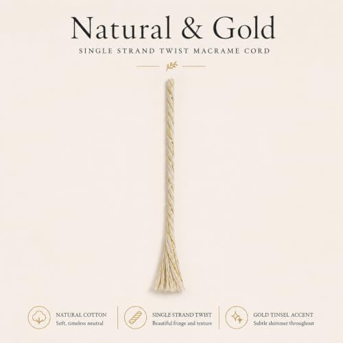 BOCHIKNOT Single Strand Macrame Cord 4mm x 240yds (220m) – Soft Cotton Macrame Rope for Beginners, Easy to Knot for Wall Hangings, Plant Hangers, Fringe and DIY Crafts (Natural & Gold) - color: Natural & Gold Metallic, size: (4mm x 219m) - Single Strand T