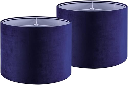 GO&SO Dark Blue Velvet Drum Lamp Shade Set of 2 Medium 13" Top x 13" Bottom x 10" High(Spider) Modern Lamp Shades for Table Lamps & Bedside Lamp Replacement Lampshade Required Assembly - color: Blue, size: 13*13*10 inch-2 Pack