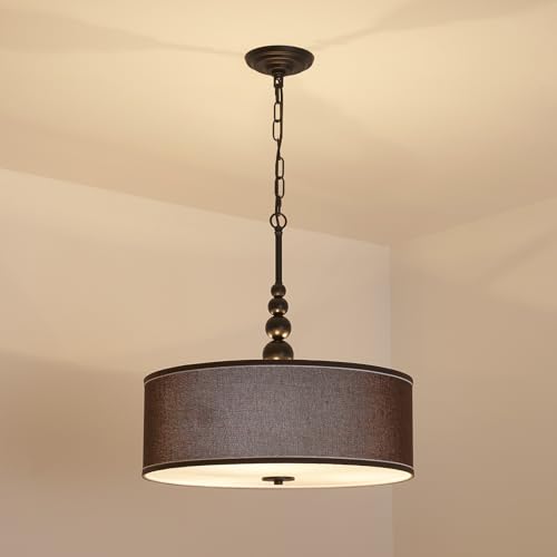 Shrine Lighting Drum Chandeliers, Farmhouse Style, Perfect Drum Pendant Light for Dining Room, D21'' x H8'', Adjustable Chains 59'', E26*3 Sockets, Brown Linen Fabric Lampshade & Black Rod - color: Brown&Black D20''