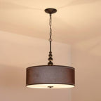 Shrine Lighting Drum Chandeliers, Farmhouse Style, Perfect Drum Pendant Light for Dining Room, D21'' x H8'', Adjustable Chains 59'', E26*3 Sockets, Brown Linen Fabric Lampshade & Black Rod - color: Brown&Black D20''