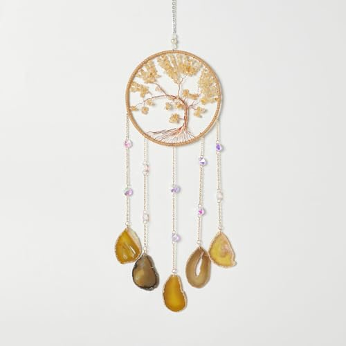 Agate Citrine Gemstone Dream Catcher 7 Chakras Gold Tree of Life Dream Catcher with Healing Crystal Stones Handmade Dreamcatcher Wall Decor for Adults Boys Girls,Bedroom,Wedding,Garden,Bless Gift - color: Citrine 7 Chakra Tree(5 Agates)