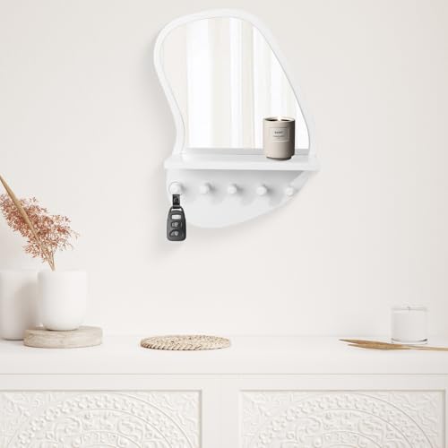 SANY DAYO HOME Wall Mount Wood Frame Irregular Mirror with 5 Wooden Hooks and Shelf, Modern Decorative Hanging Mirror for Entryway, Bedroom, Living Room (16″ x 12″, White) - color: White